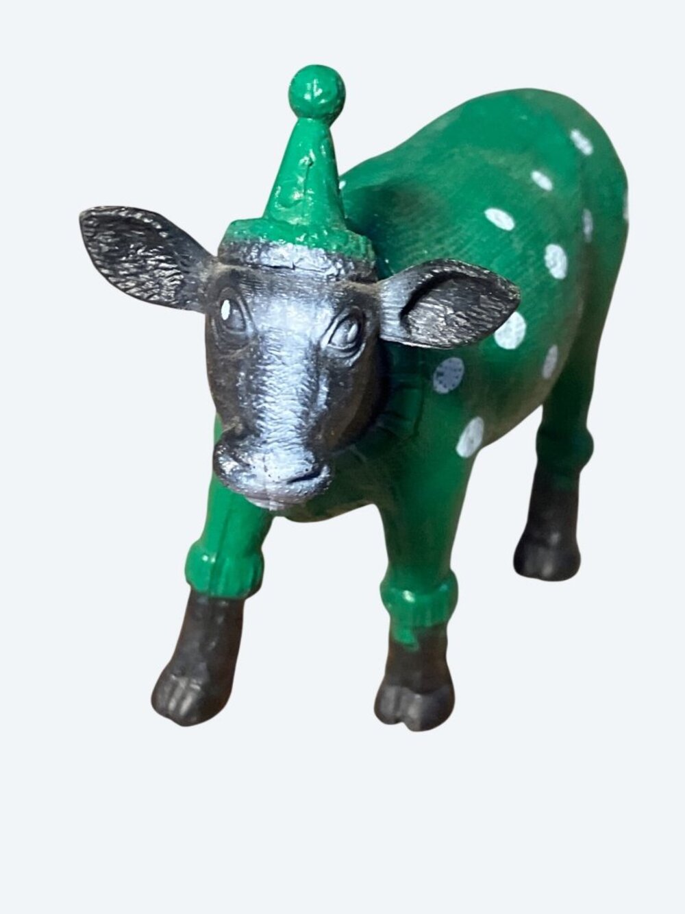 Green Polka Dot Cow Figurine With Party Hat  Fun Collectible